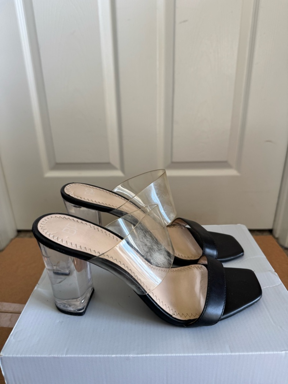 bp Black Heeled Mule with Clear Strap